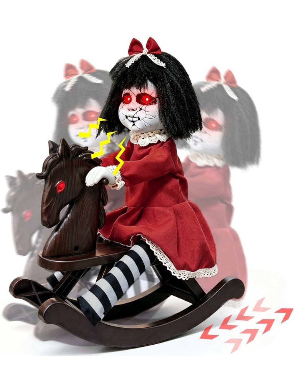 Halloween Animatronic Decorations Girl Doll on Rocking Horse with Lights